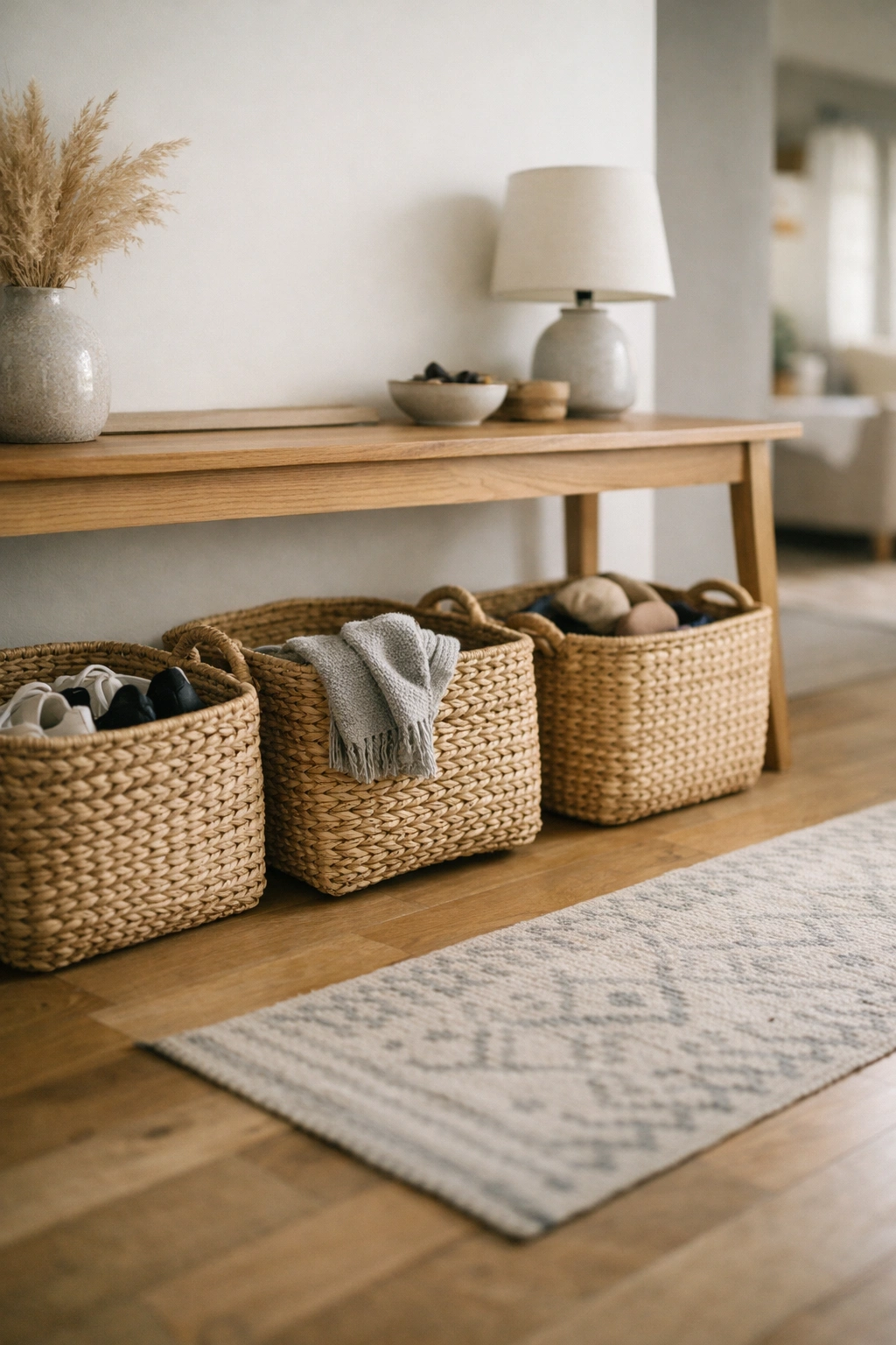 A home entrance with woven baskets under a bench or console table for storage.