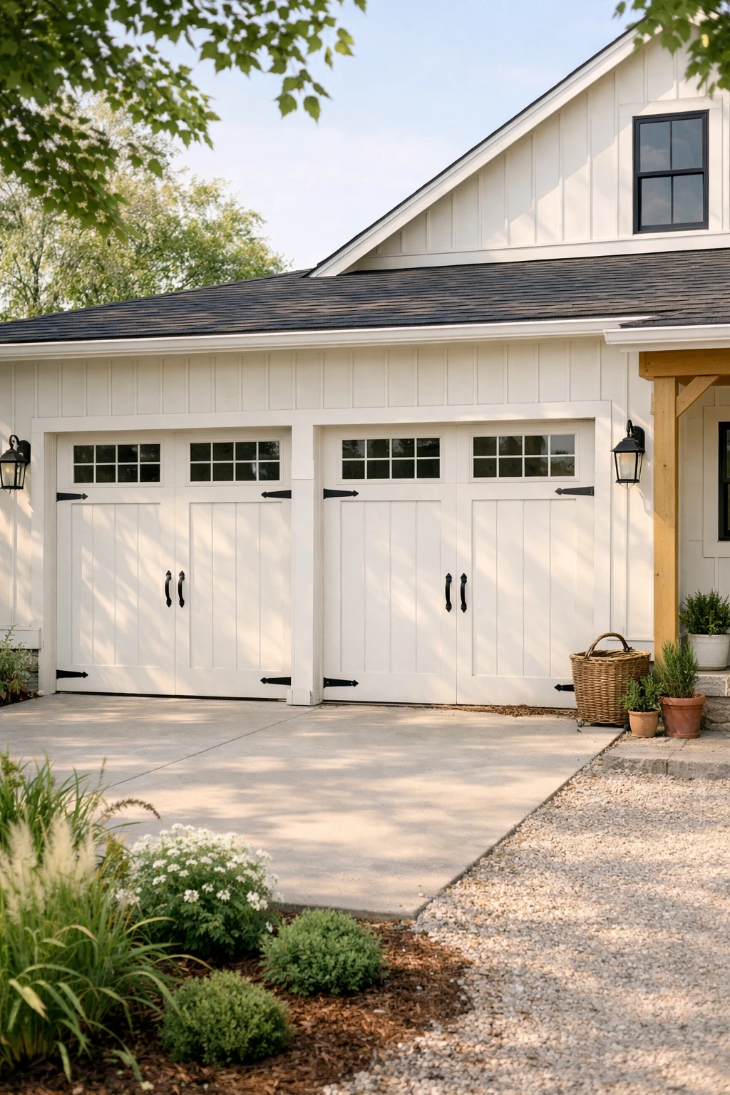 A farmhouse exterior with white garage doors, black hardware, and board-and-batten siding.