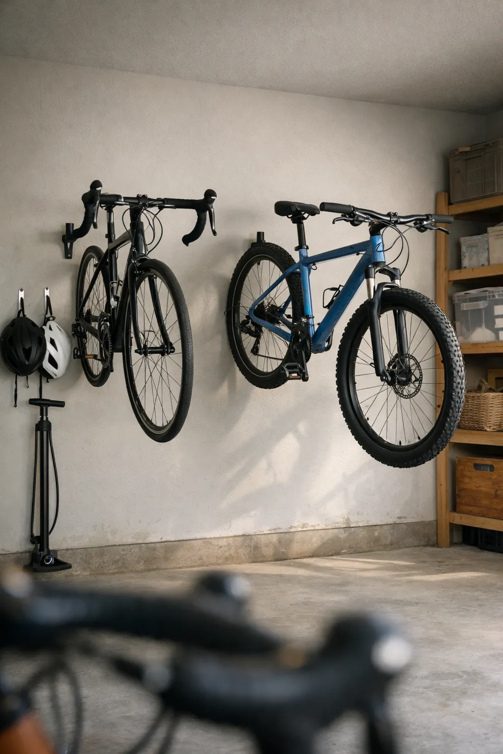 Bicycles hanging on a garage wall above a clean floor with organized storage nearby.