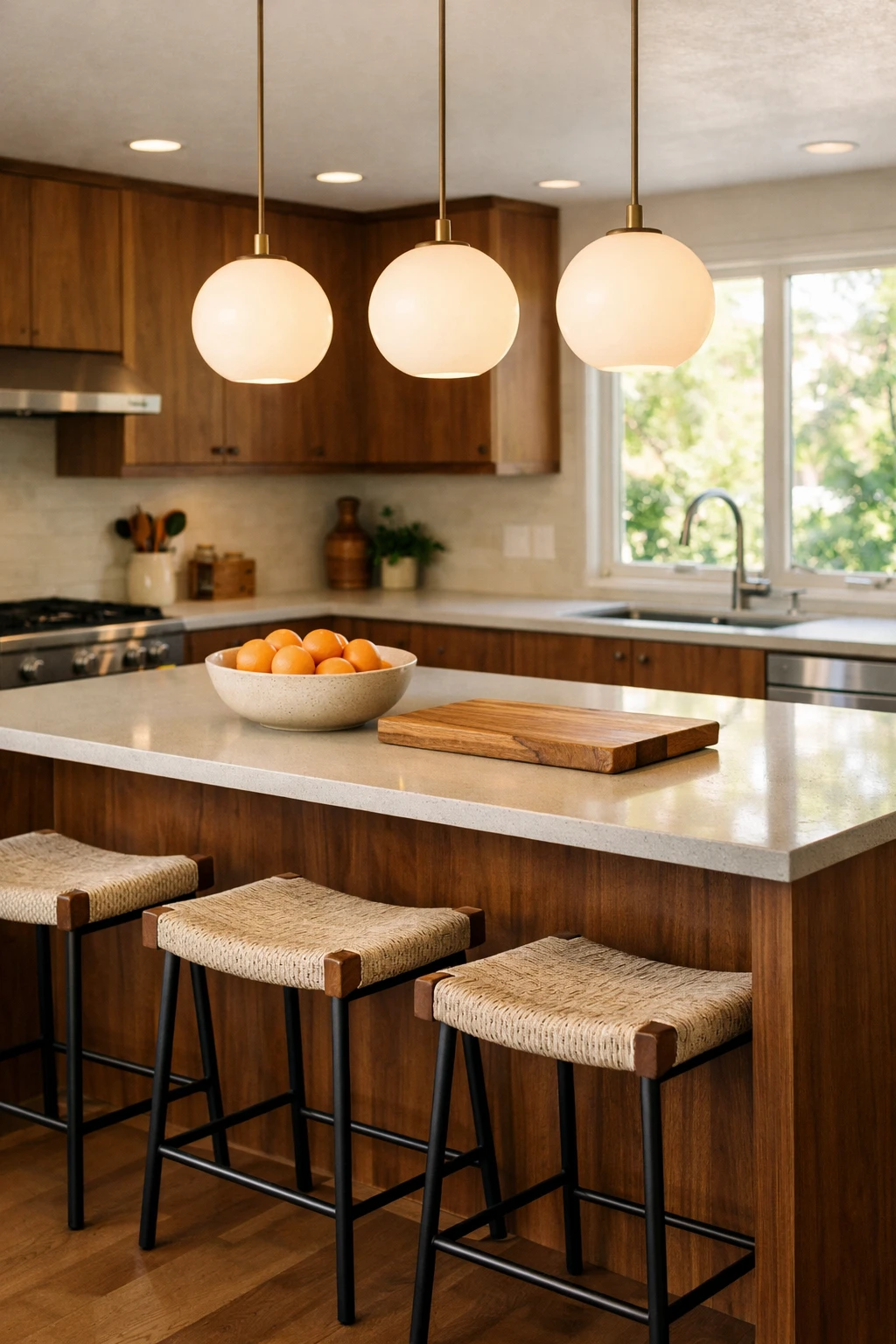 Mid century kitchen with white globe pendant lights above island