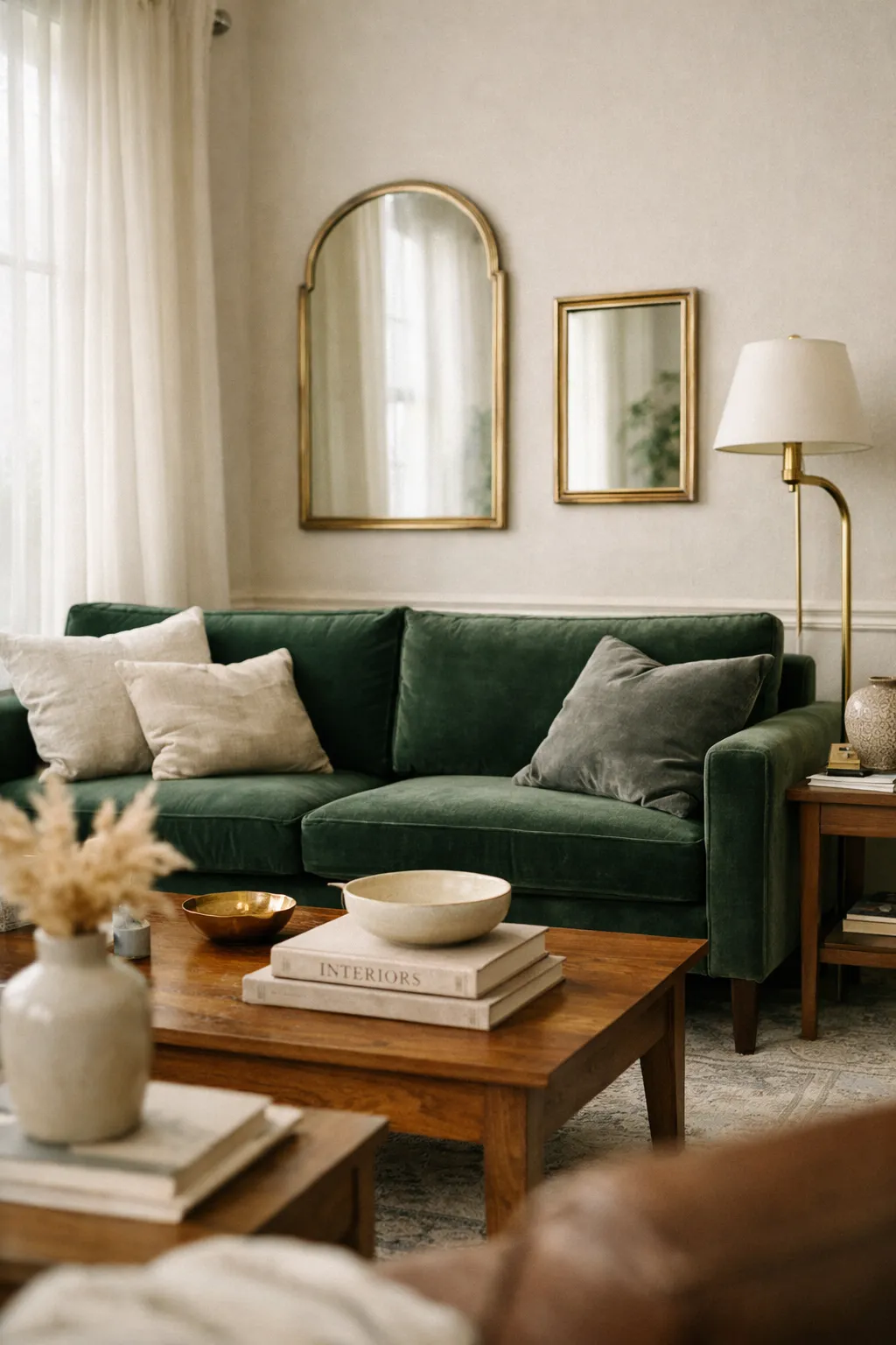 Elegant living room with green furniture and brass accents.