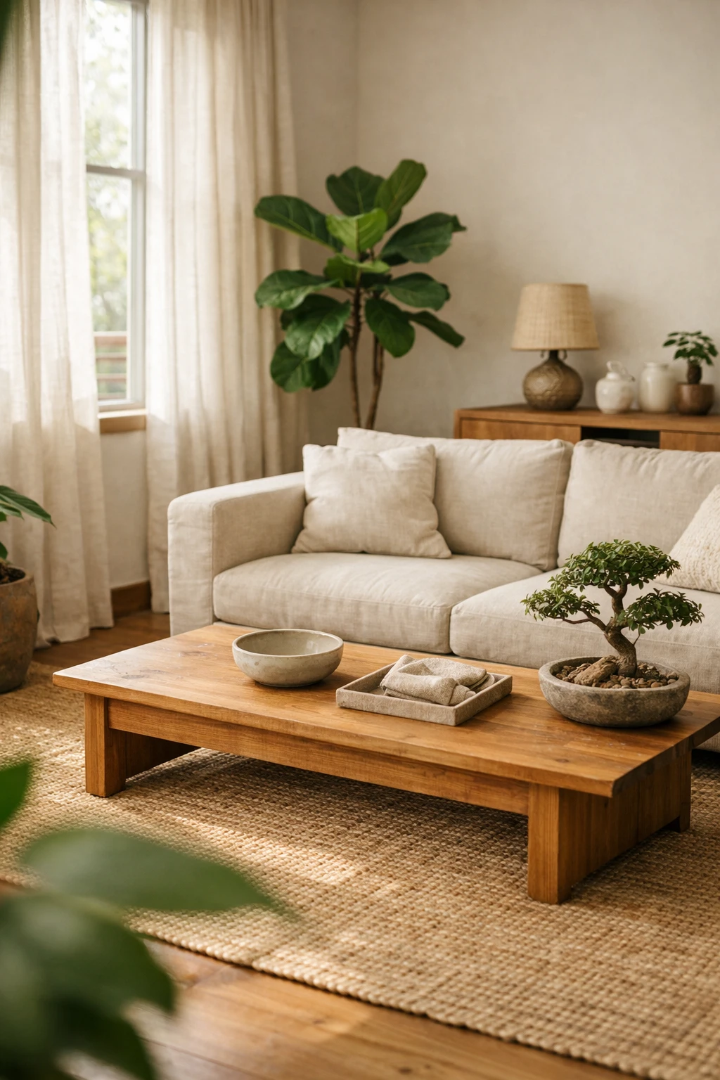 Japandi living room with neutral sofa, wooden coffee table, and large indoor plants.