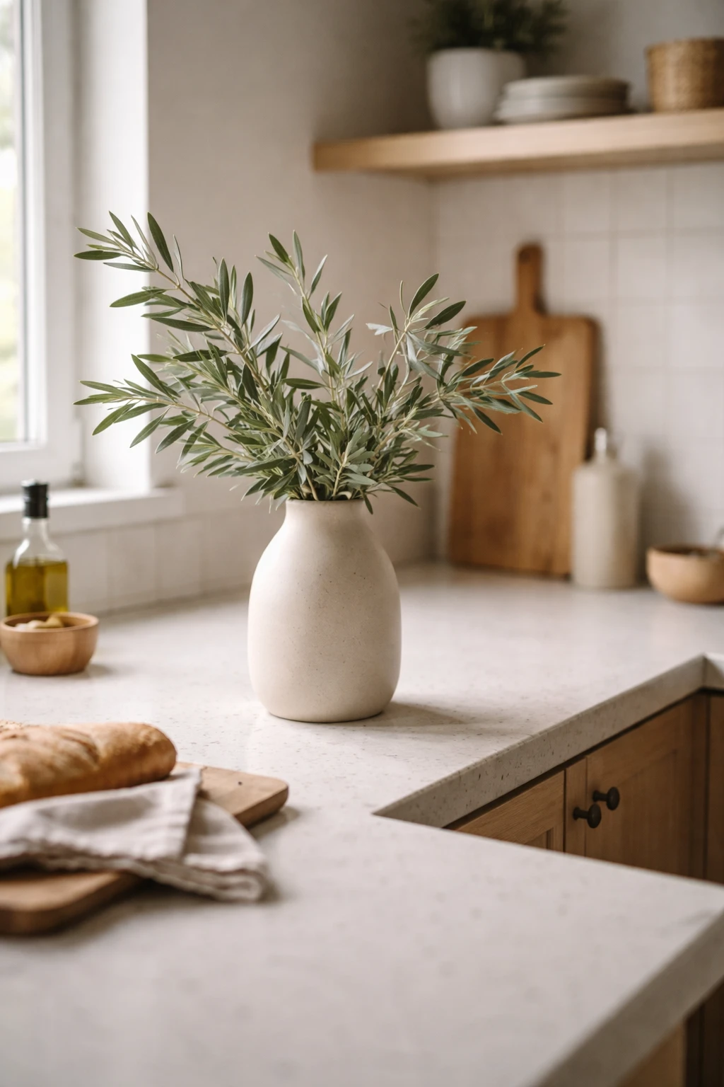 A simple vase with green branches styled on a kitchen counter in soft daylight.