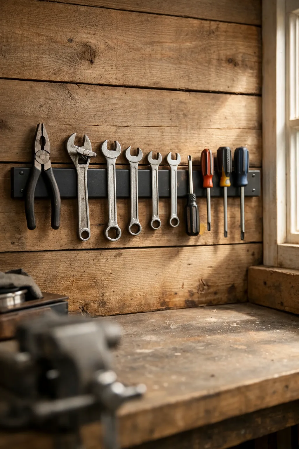 Magnetic strip holding metal tools on shed wall near workbench.