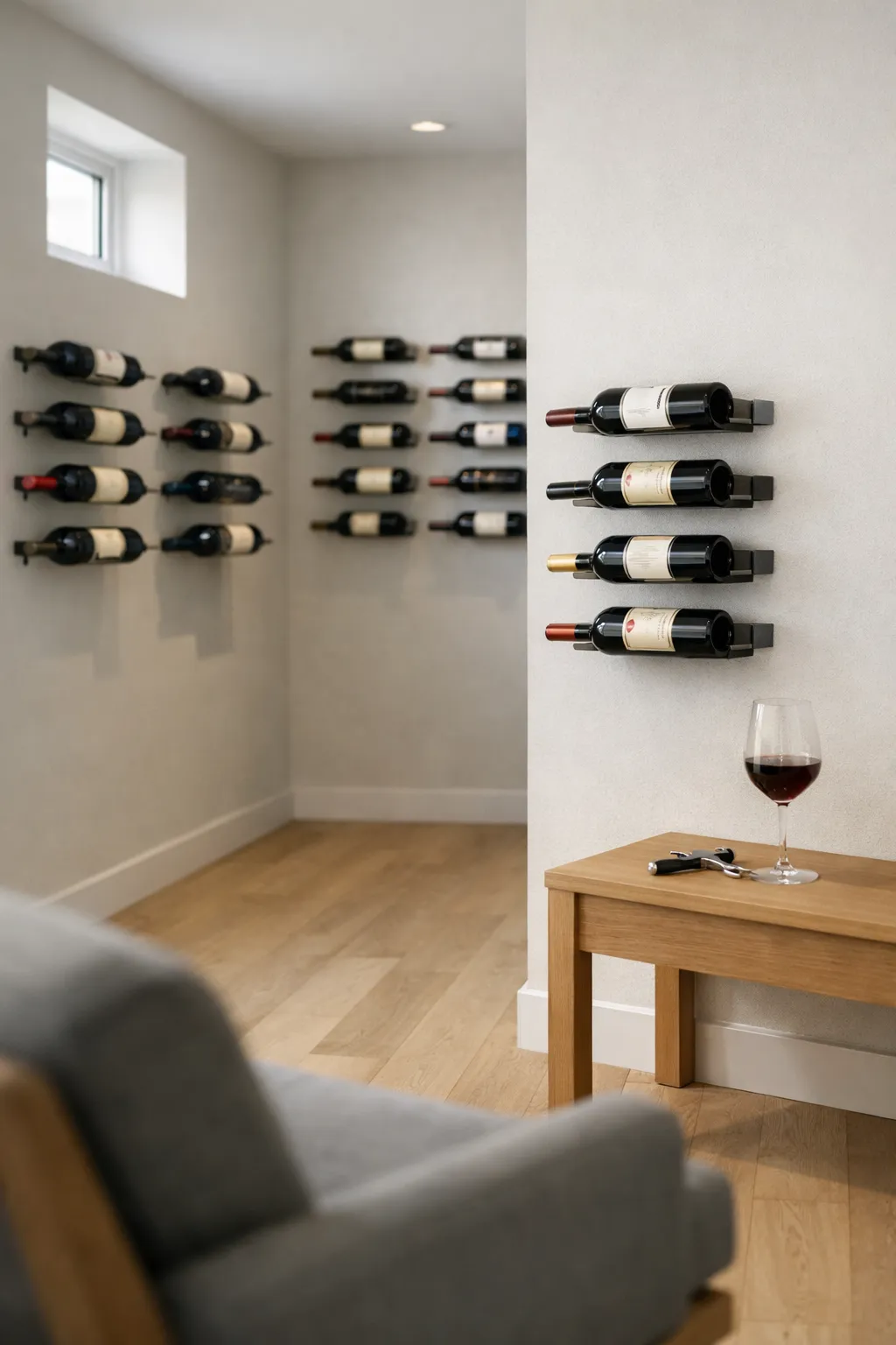 Minimalist basement wine cellar with floating metal racks and neutral walls.