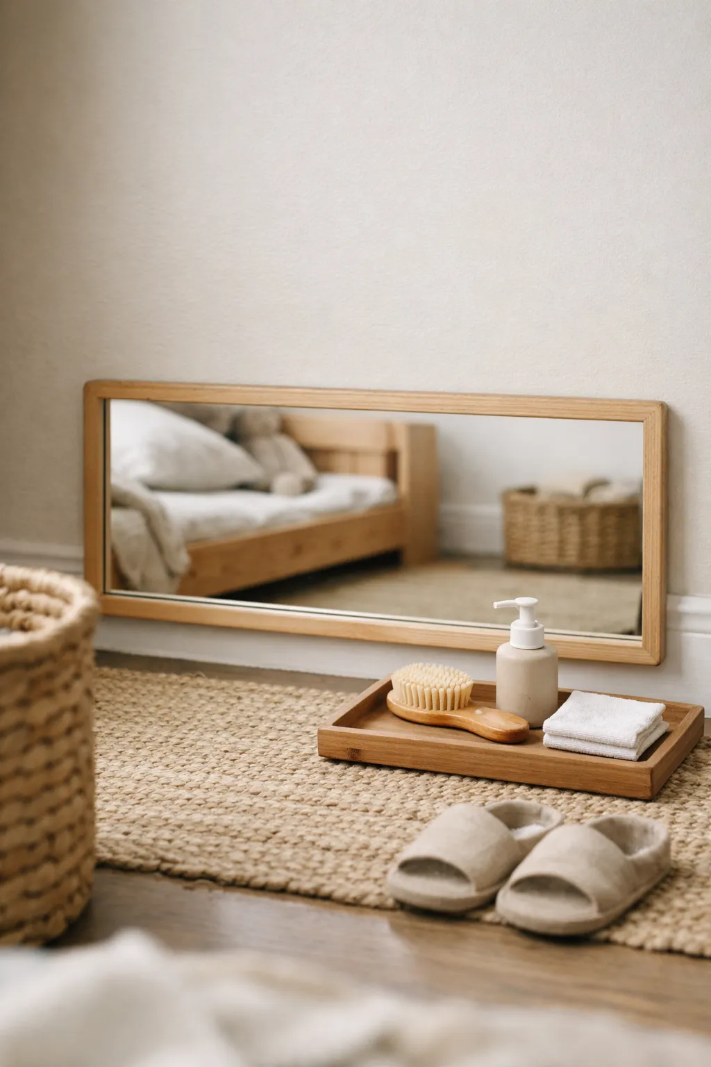A Montessori bedroom with a low child-safe mirror, small stool, and simple self-care setup near the dressing area.