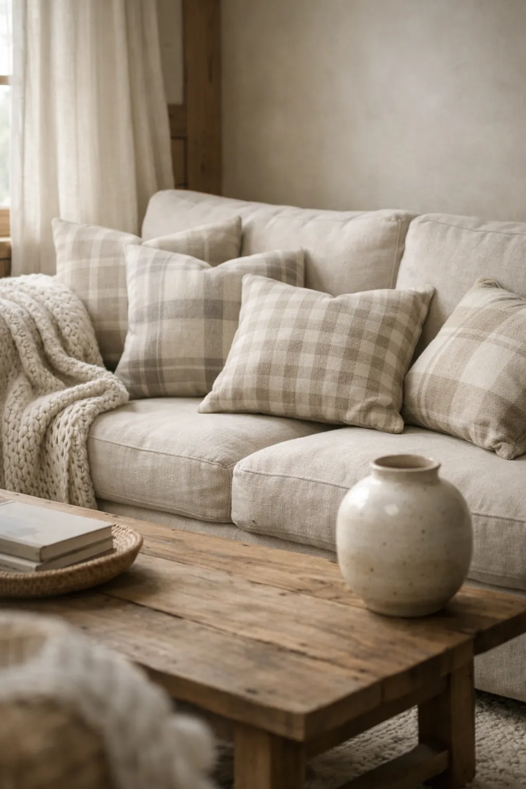 Small cabin living space styled with neutral plaid pillows and textured throws