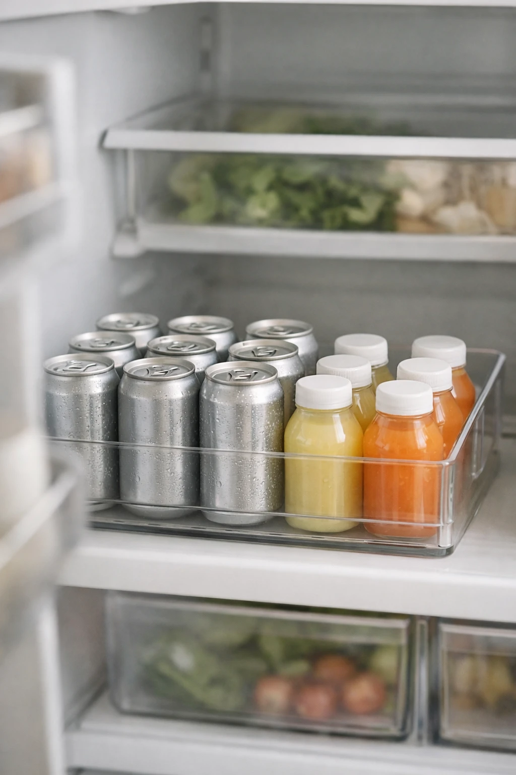 Refrigerator shelf with neatly arranged sparkling water and drinks