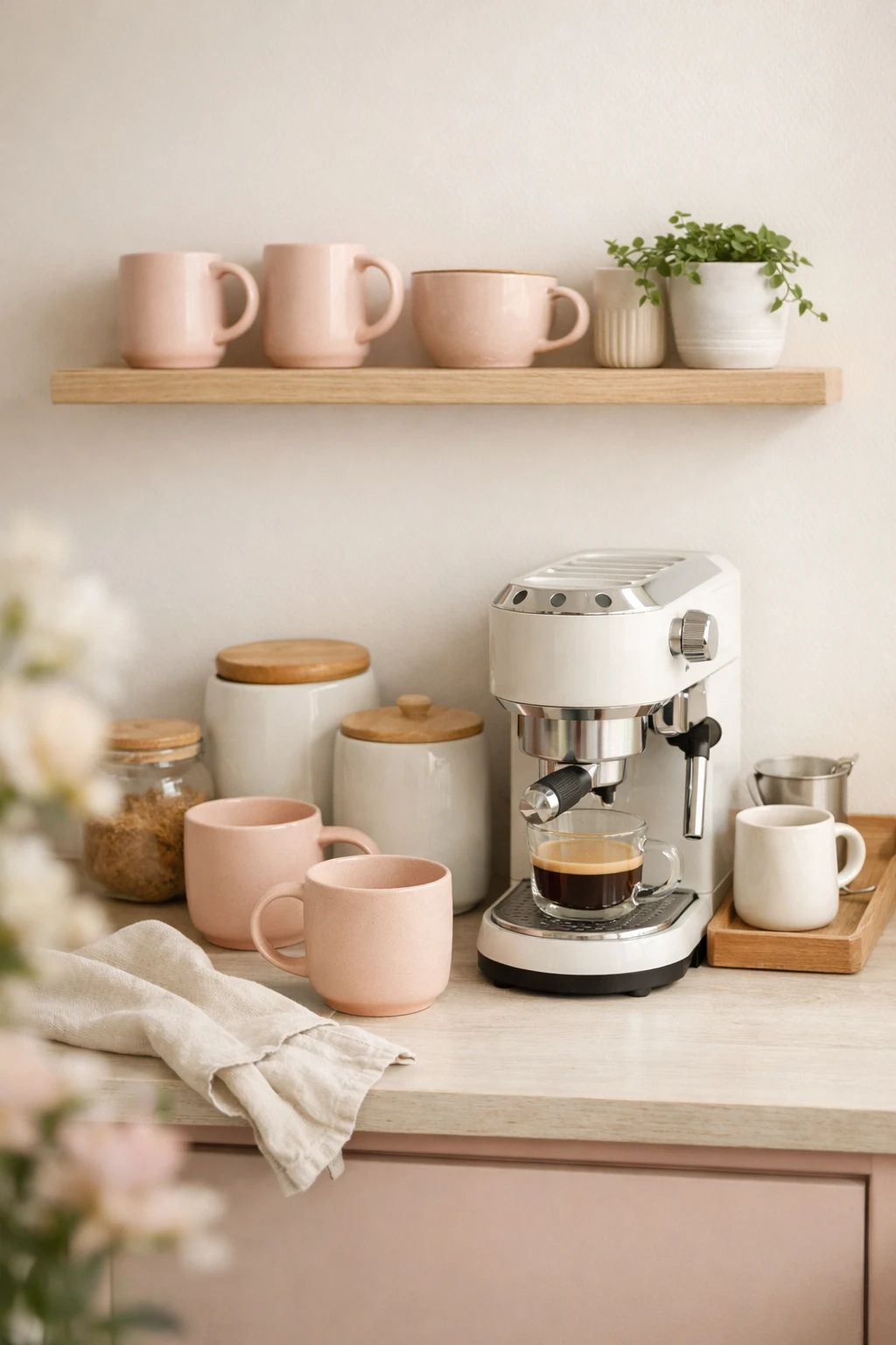 A cute pink and white coffee bar with blush mugs, clean shelving, and soft decor accents.