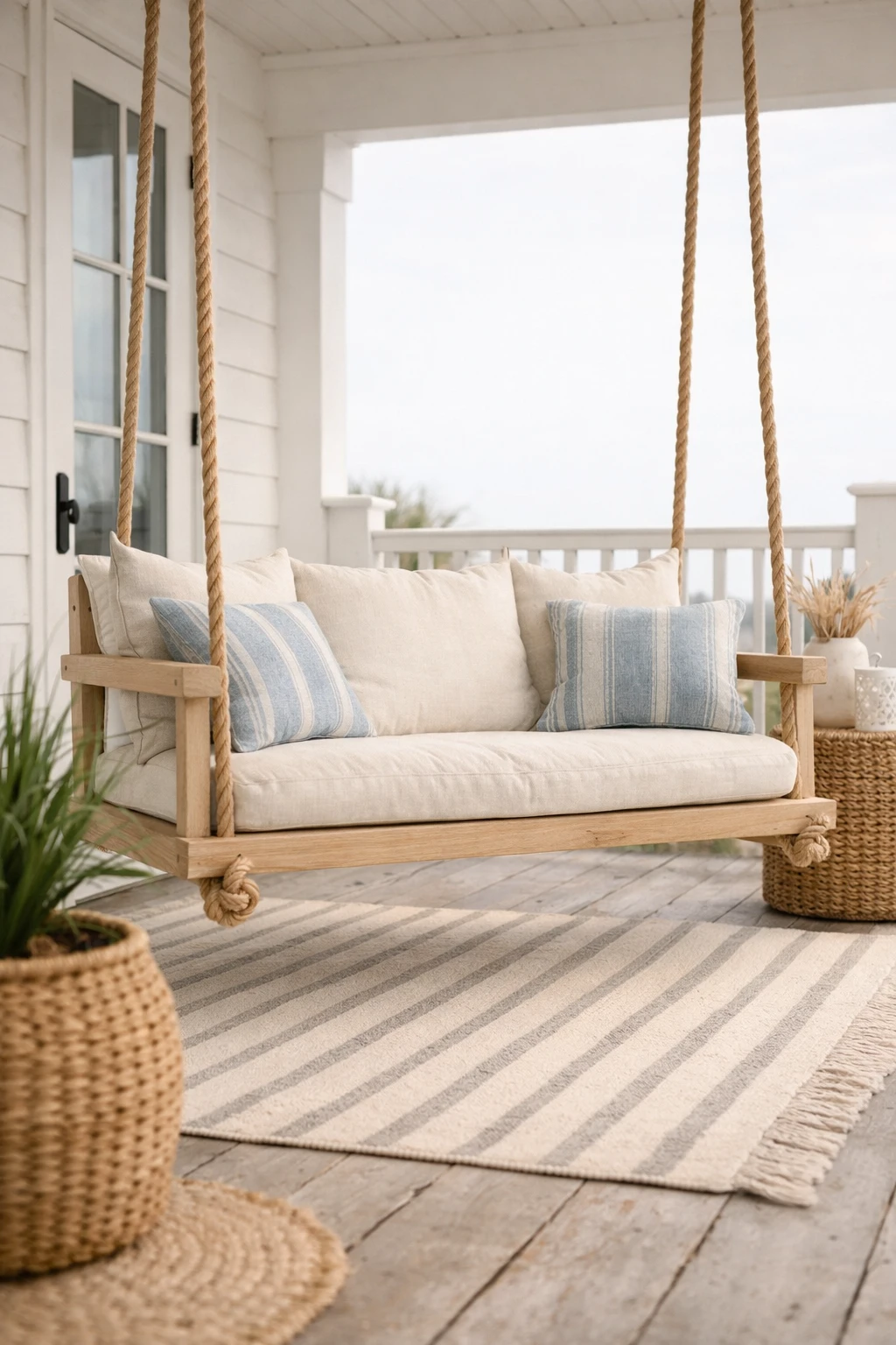A rope-hung front porch swing with light wood, cream cushions, and subtle blue coastal accents.