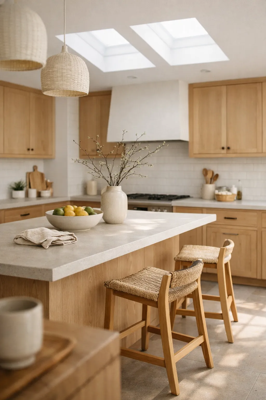 A bright kitchen with skylights, soft neutral finishes, and natural light filling the center of the room.