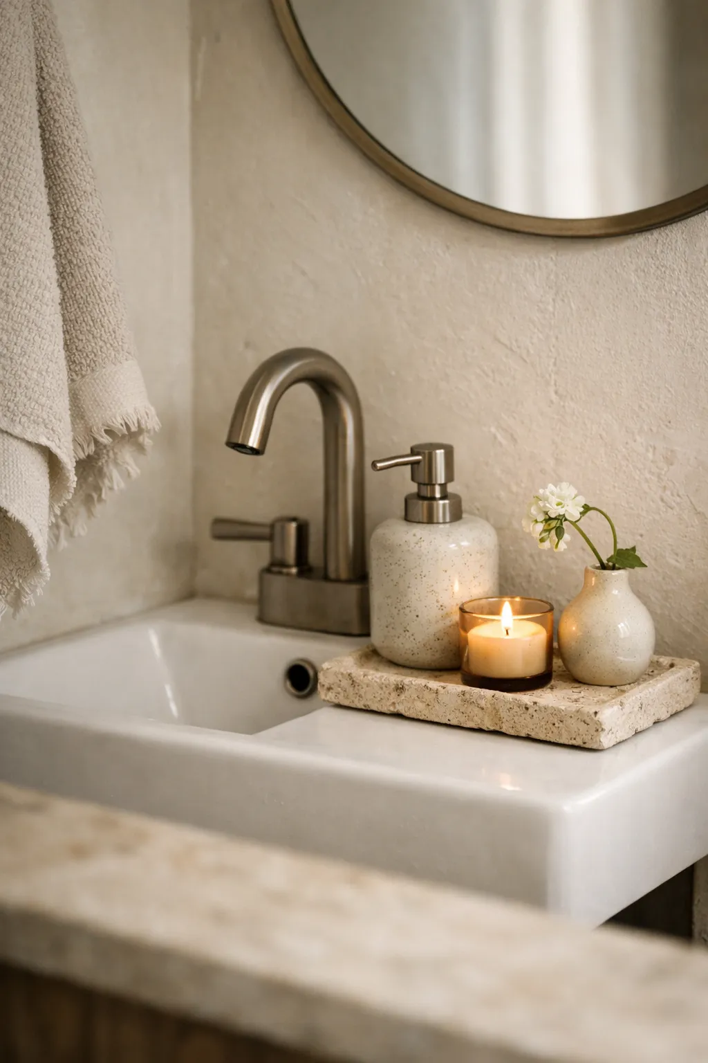 A small powder room sink styled with a tray, soap dispenser, candle, and simple decor.