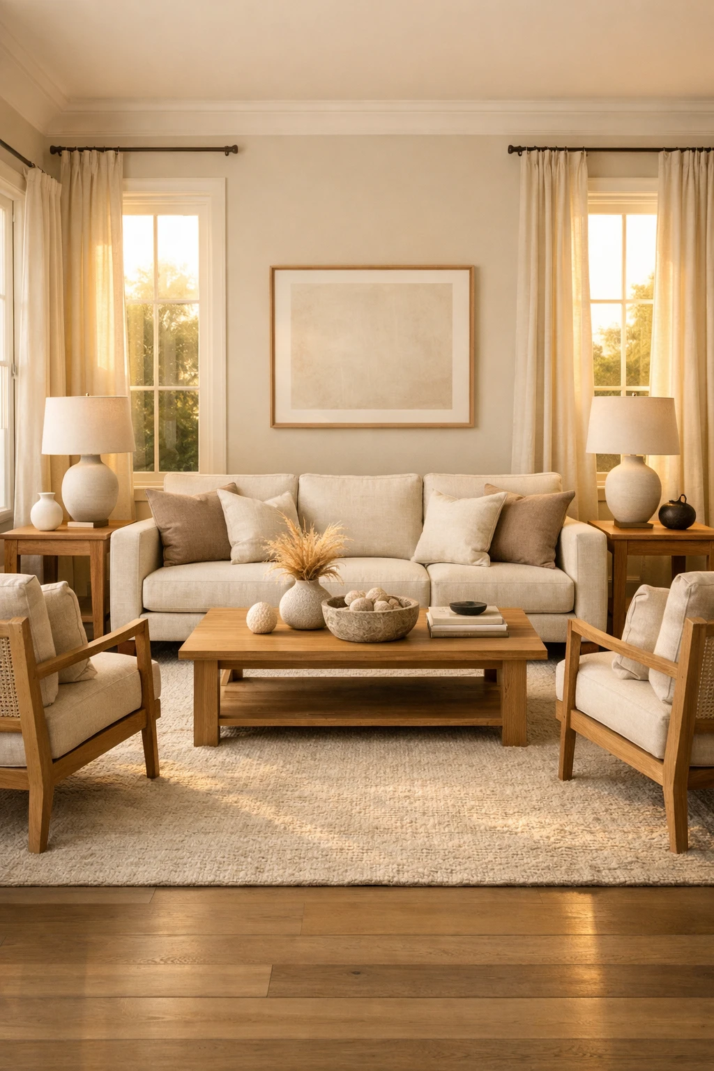A balanced luxury living room with matching chairs, lamps, and a centered seating layout.
