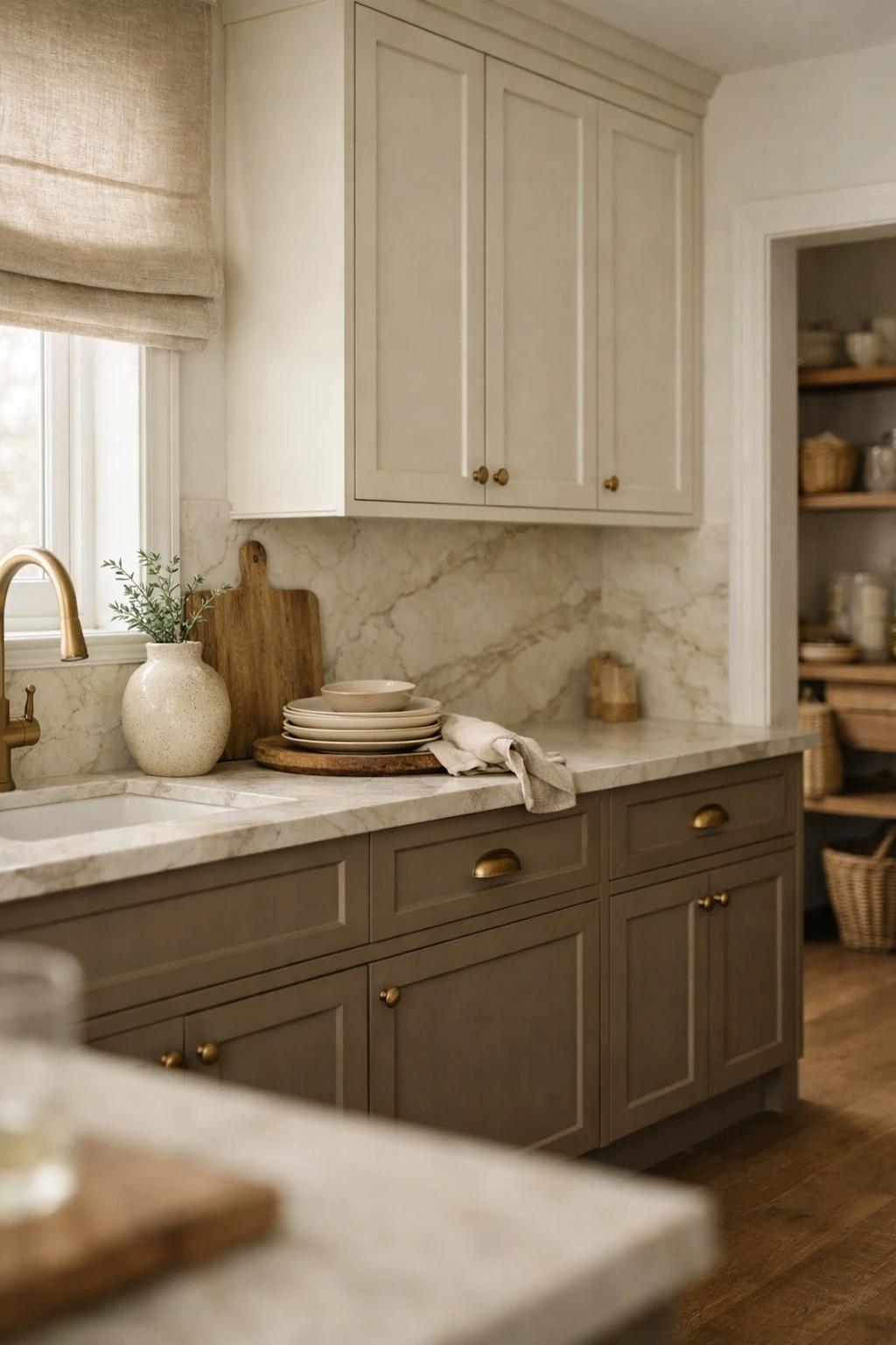 A timeless kitchen with taupe lower cabinets, off-white uppers, warm counters, and natural textures.