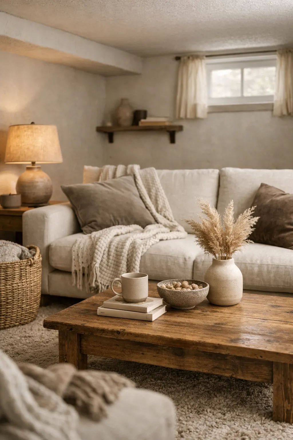 A basement family room layered with linen, knit, woven, and velvet textures in warm tones.