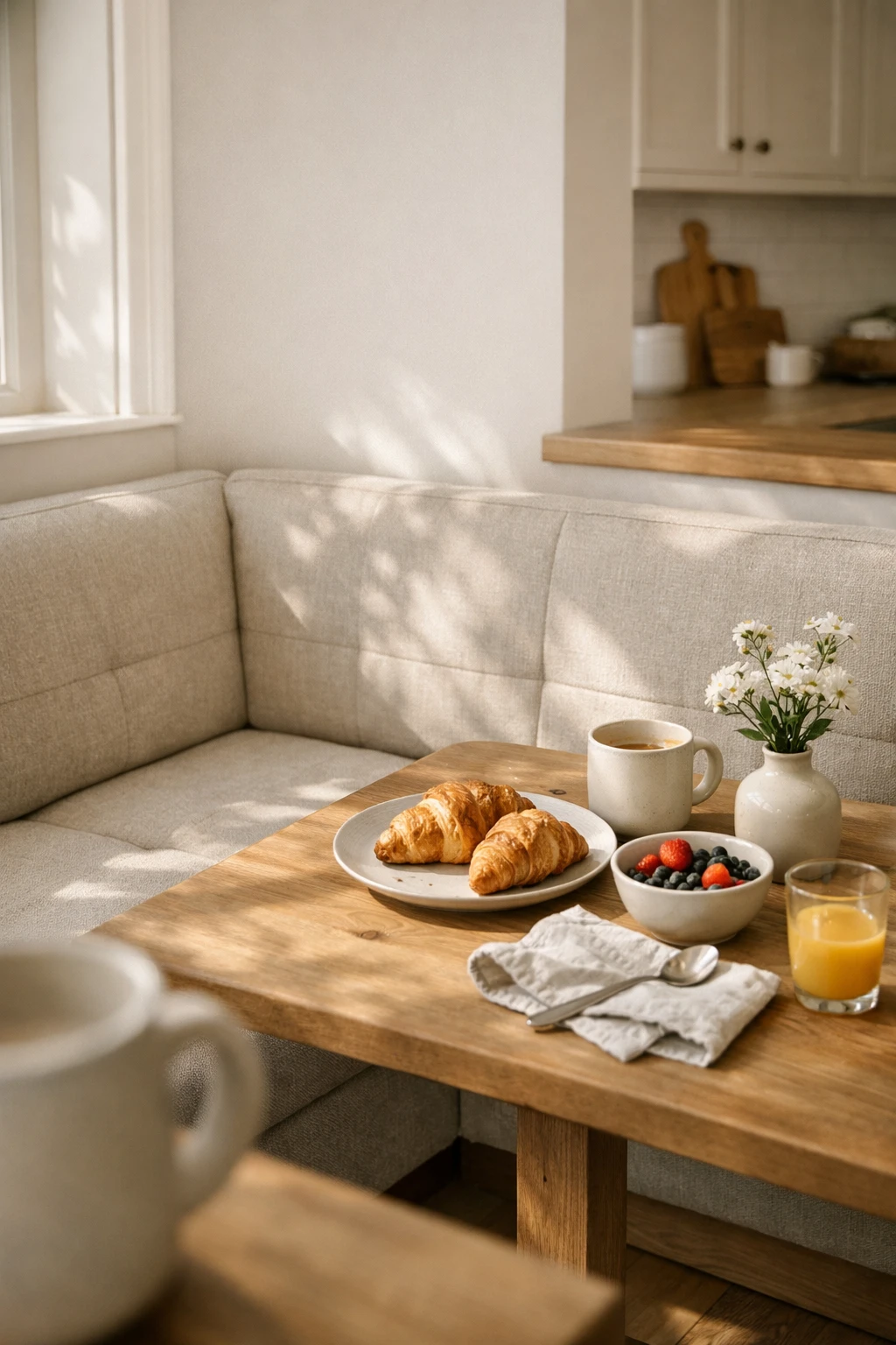 A soft upholstered kitchen banquette with performance fabric, neutral tones, and a cozy breakfast table.