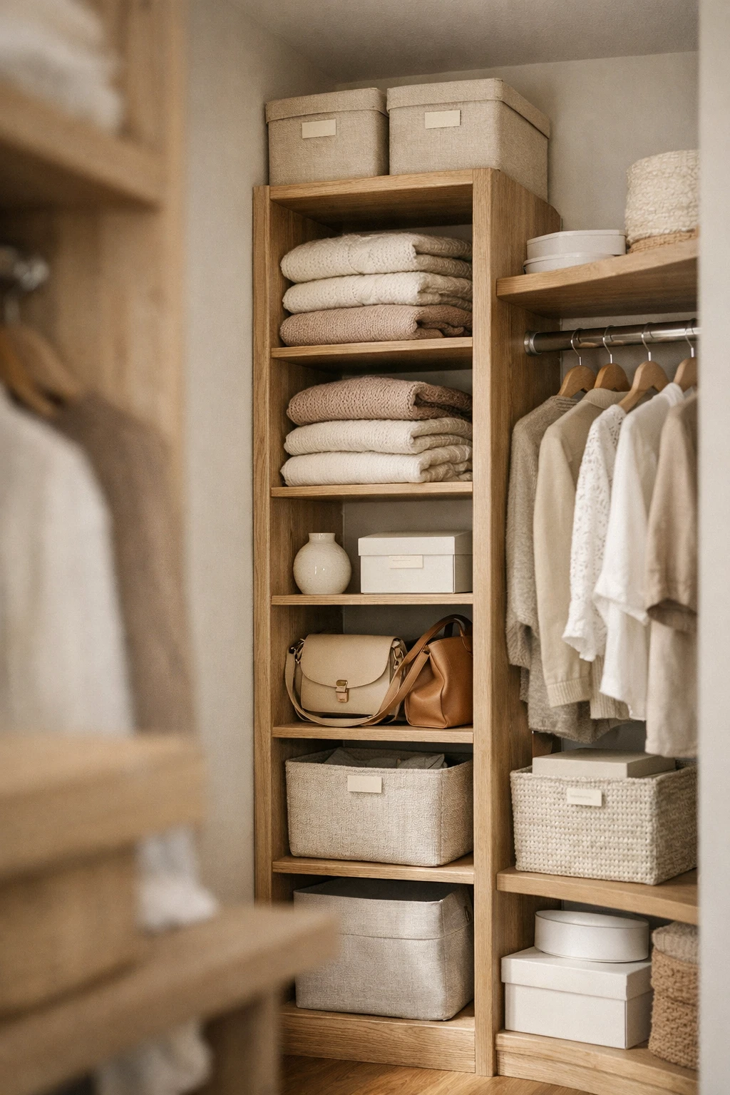 A small corner walk-in closet with a tall vertical shelf tower for bags, folded clothes, and bins.
