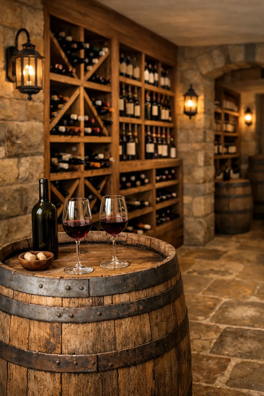 Rustic wine cellar with barrel table and wooden wine racks.