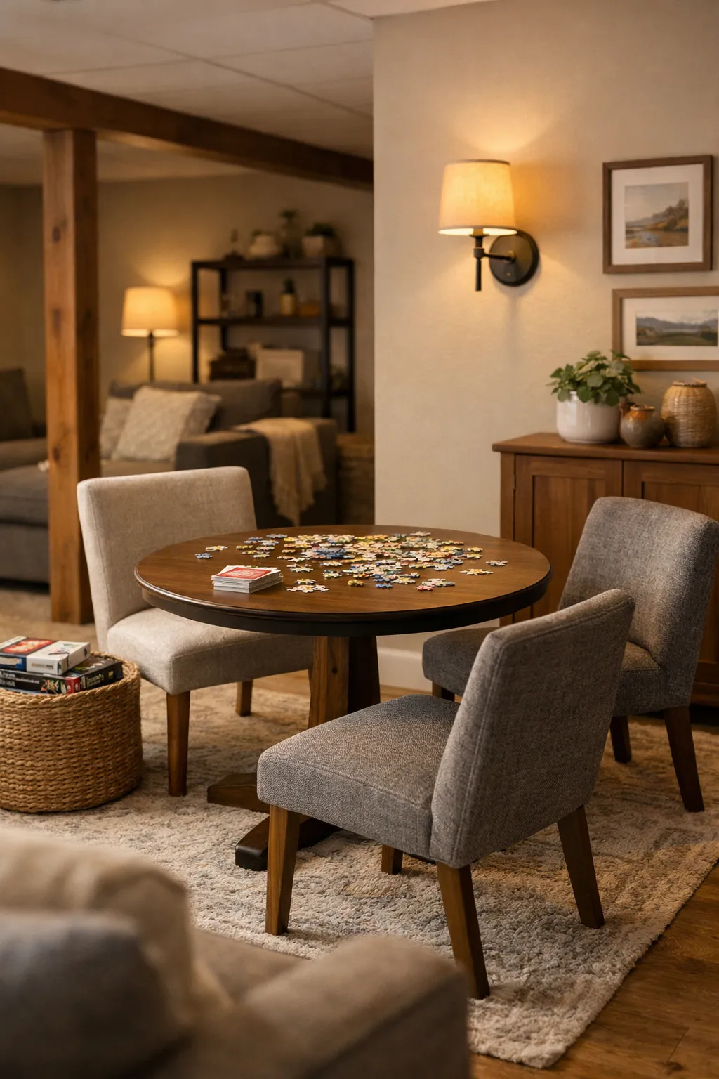 A cozy basement corner with a game table, comfortable chairs, and warm family room styling.