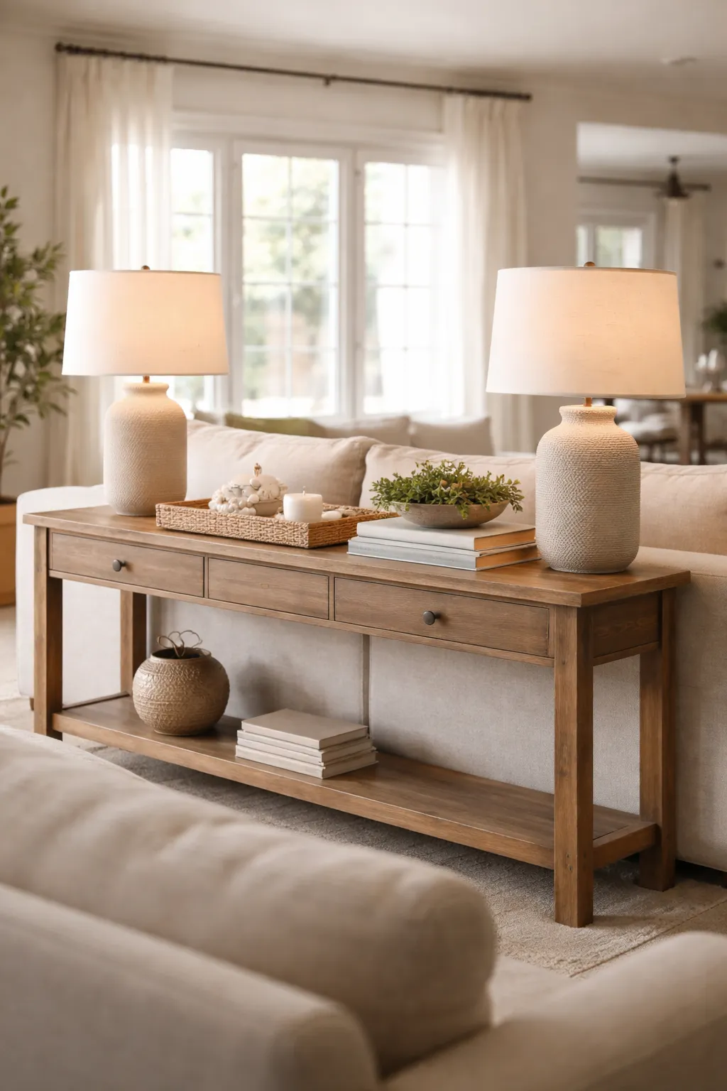 Console table styled behind a sofa with lamps and layered decor in an open living room.