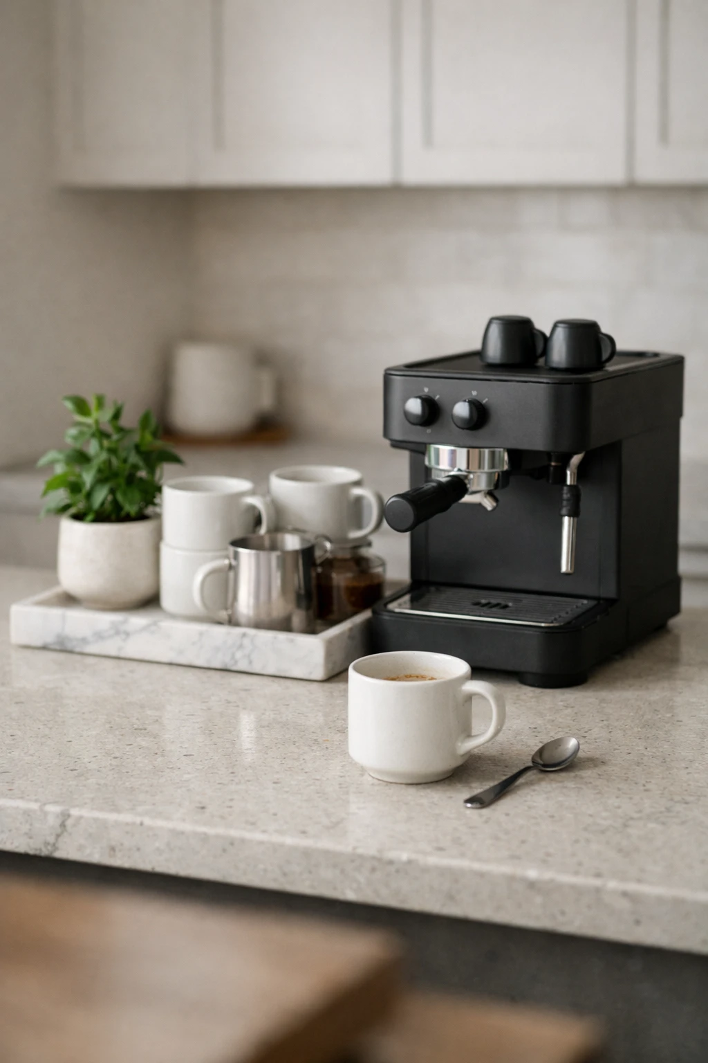 A black and white coffee bar with strong contrast, clean styling, and modern accents.