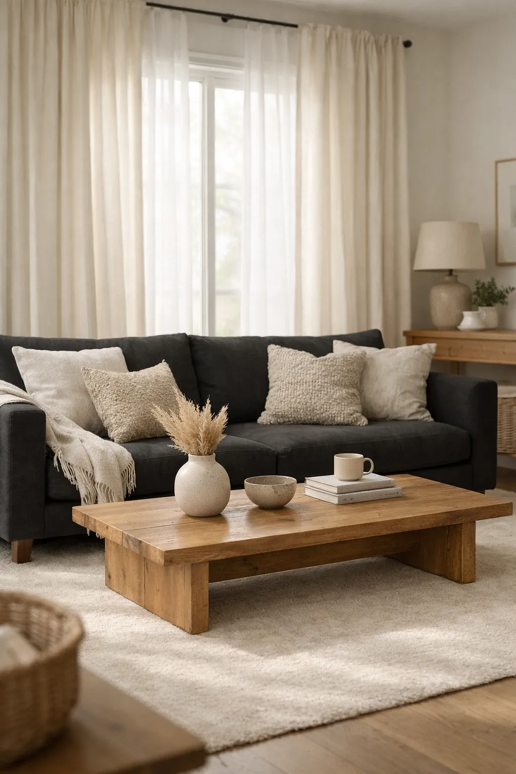 A black sofa in a bright living room with cream curtains, a light rug, and warm natural styling.