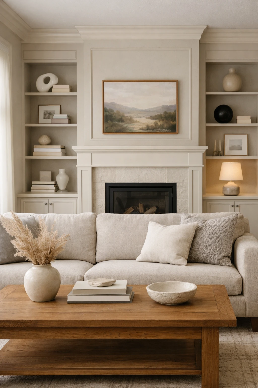 A luxury living room with custom built-ins, wall trim, and curated shelving.