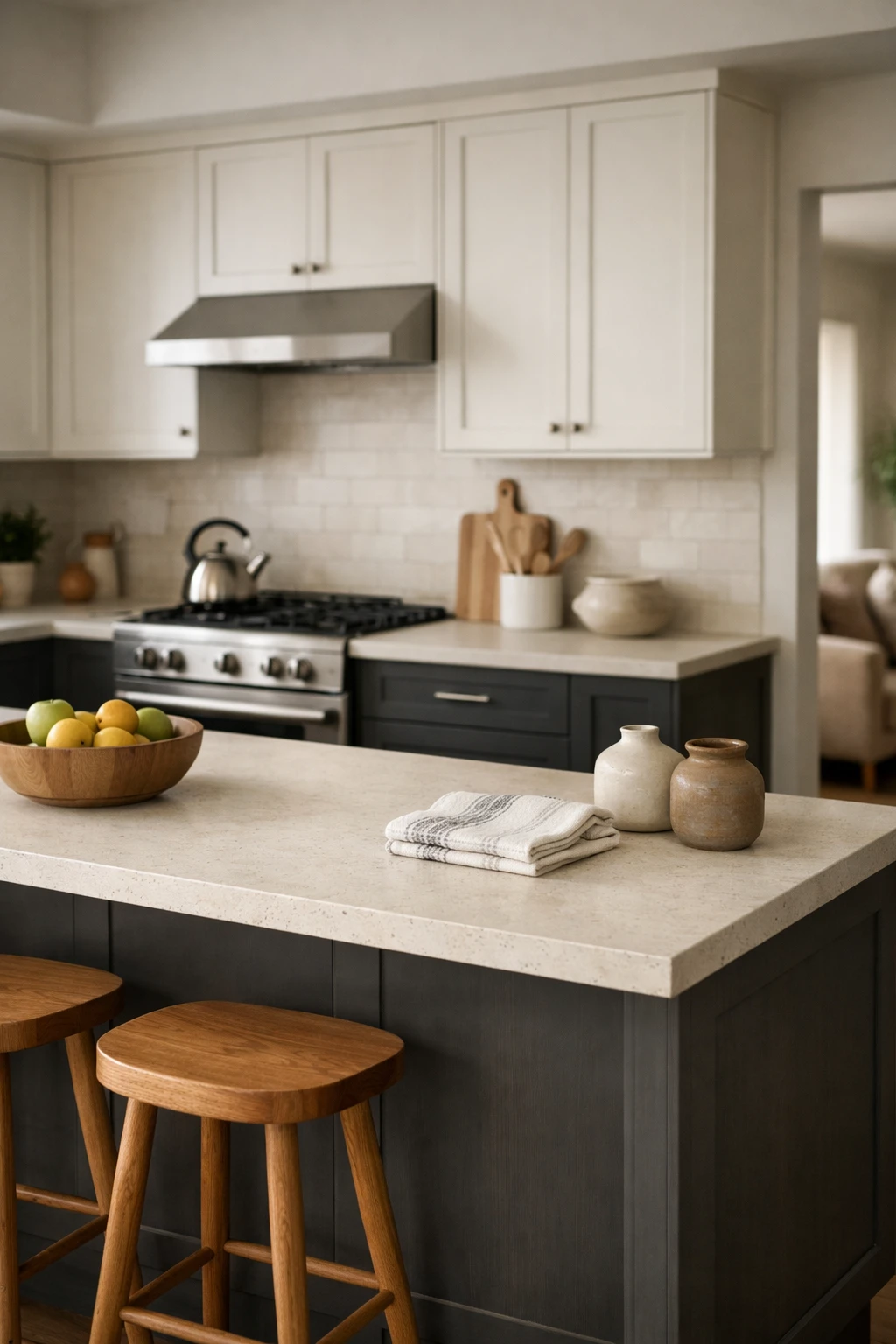 A polished kitchen with charcoal lower cabinets, soft white uppers, and warm wood accents.