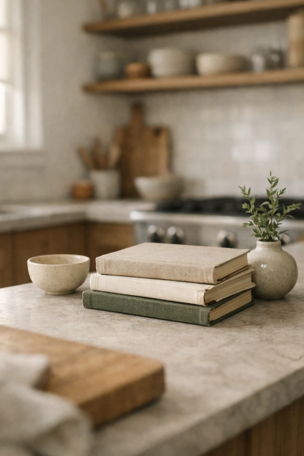 A small stack of cookbooks styled on a kitchen counter beside simple neutral decor.
