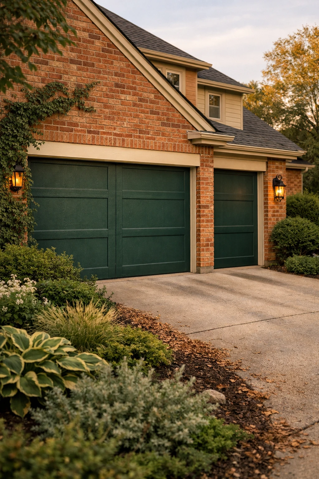 A brick home with dark green garage doors, warm trim, and mature landscaping.