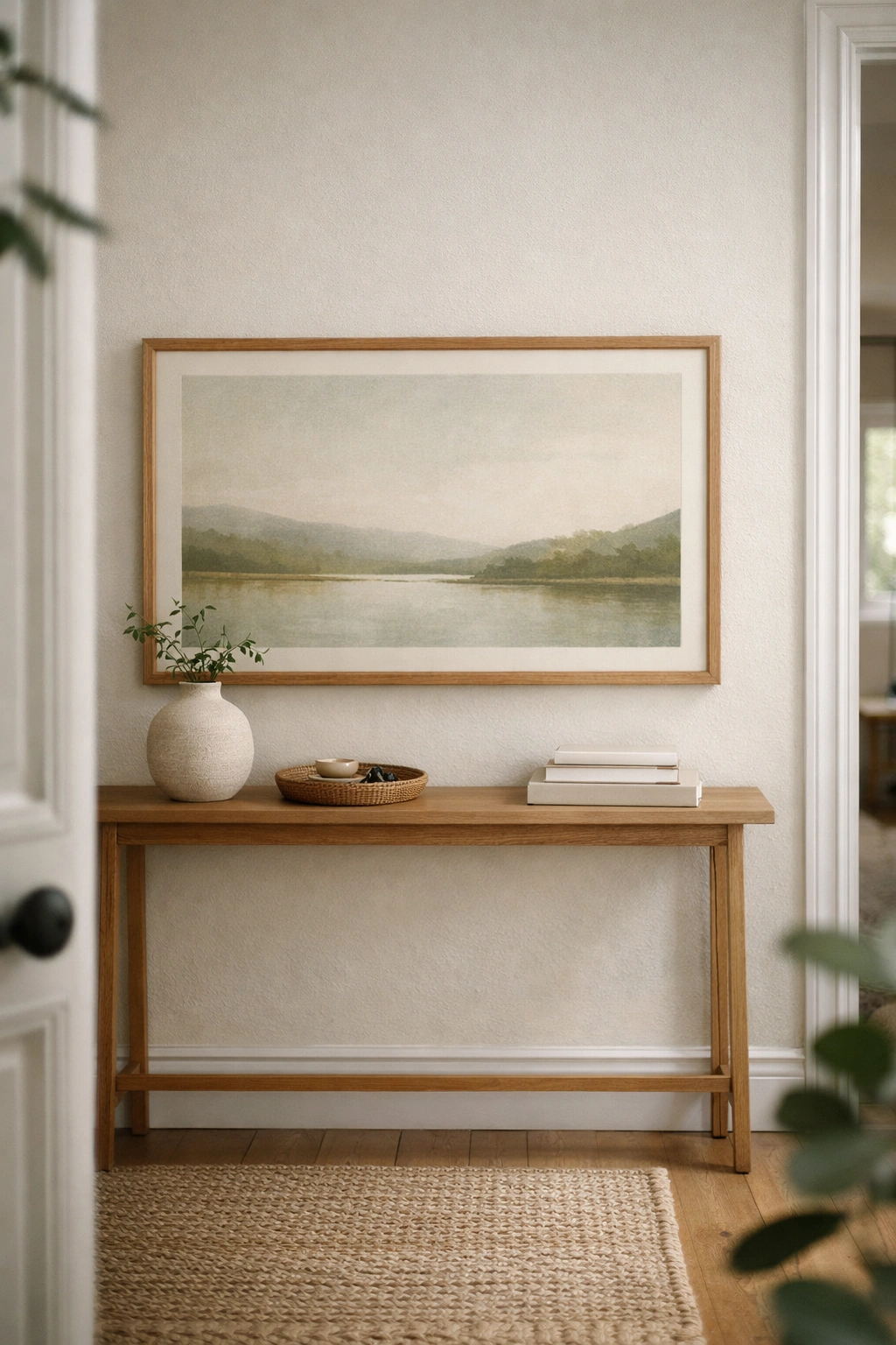 A home entrance with framed artwork above a console table and simple decor.