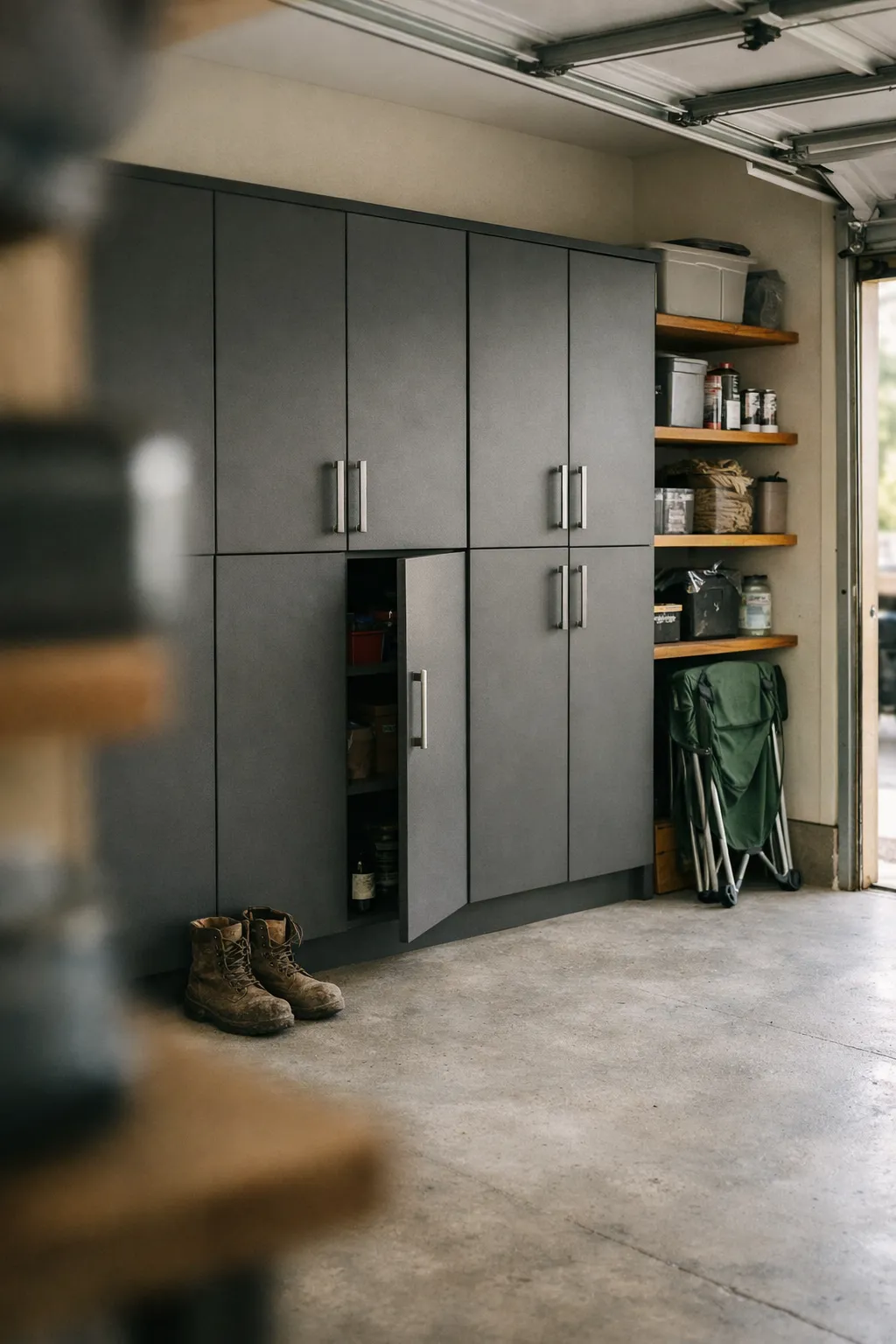 Sleek tall garage cabinets creating concealed storage in a clean and organized garage.