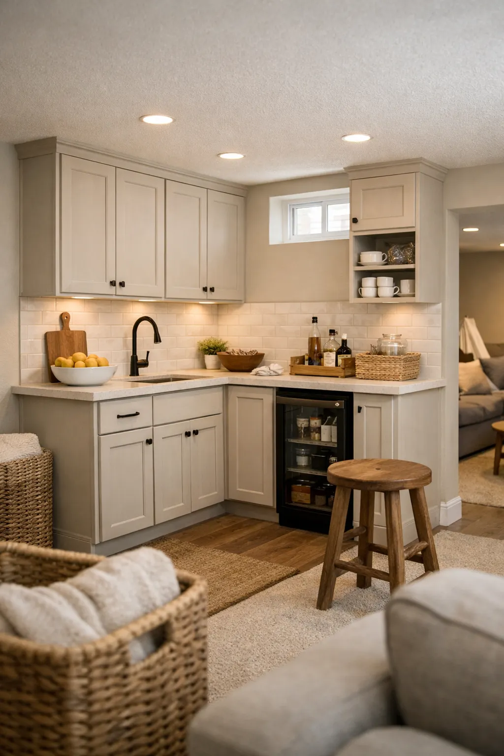 An L-shaped basement kitchenette with extra counter space and an efficient corner layout.