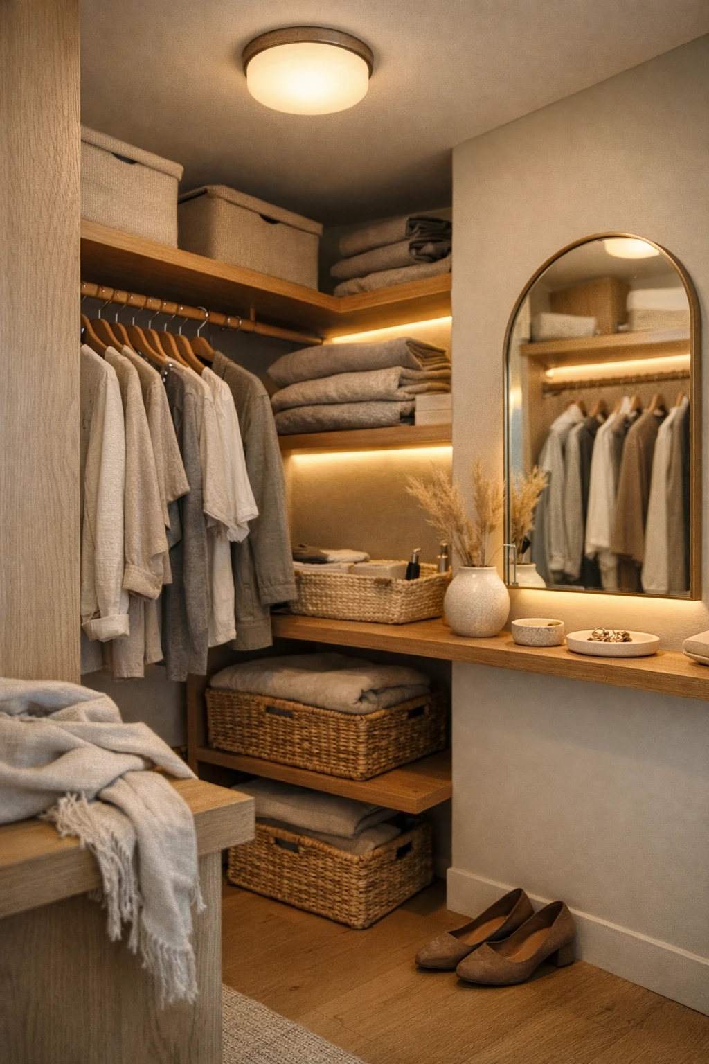 A small walk-in corner closet with soft layered lighting, shelving, and warm neutral finishes.