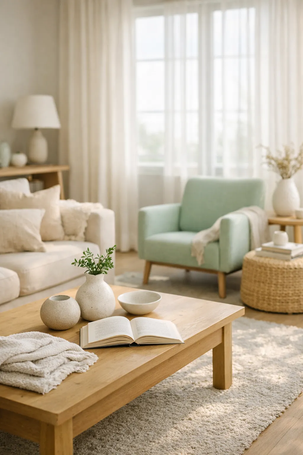 Bright living room styled with mint green accents and light furniture.