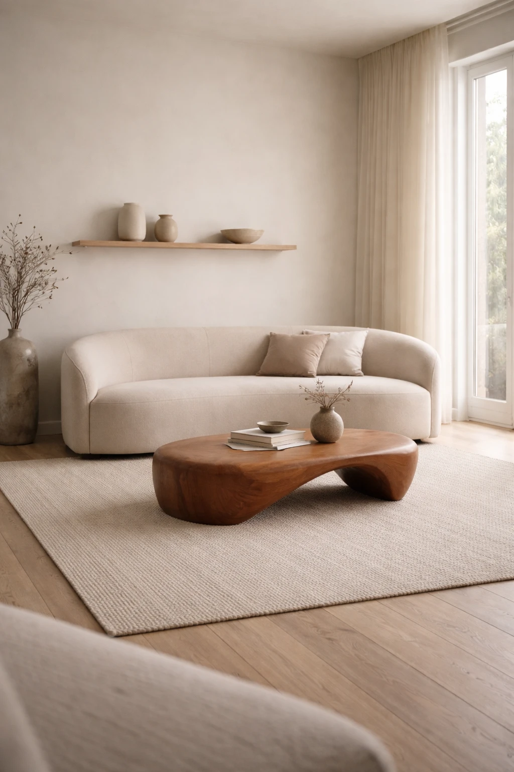 Modern Japandi living room with sculptural coffee table and neutral furniture.