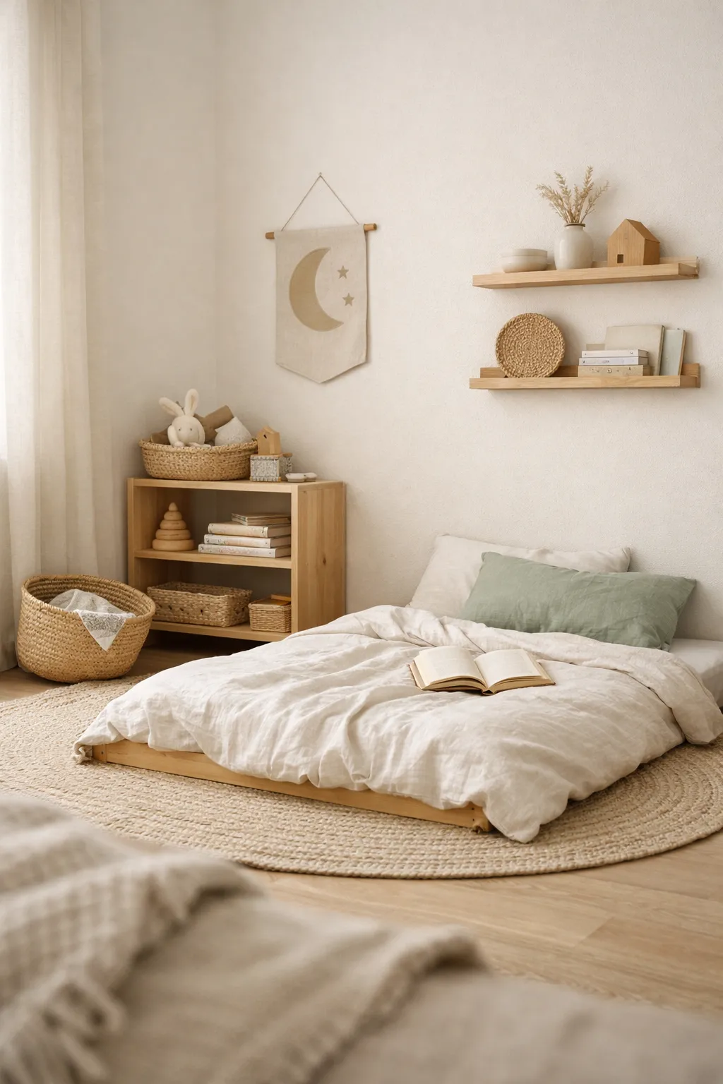 A calm Montessori bedroom in soft neutral tones with natural textures, simple decor, and child-friendly furniture.