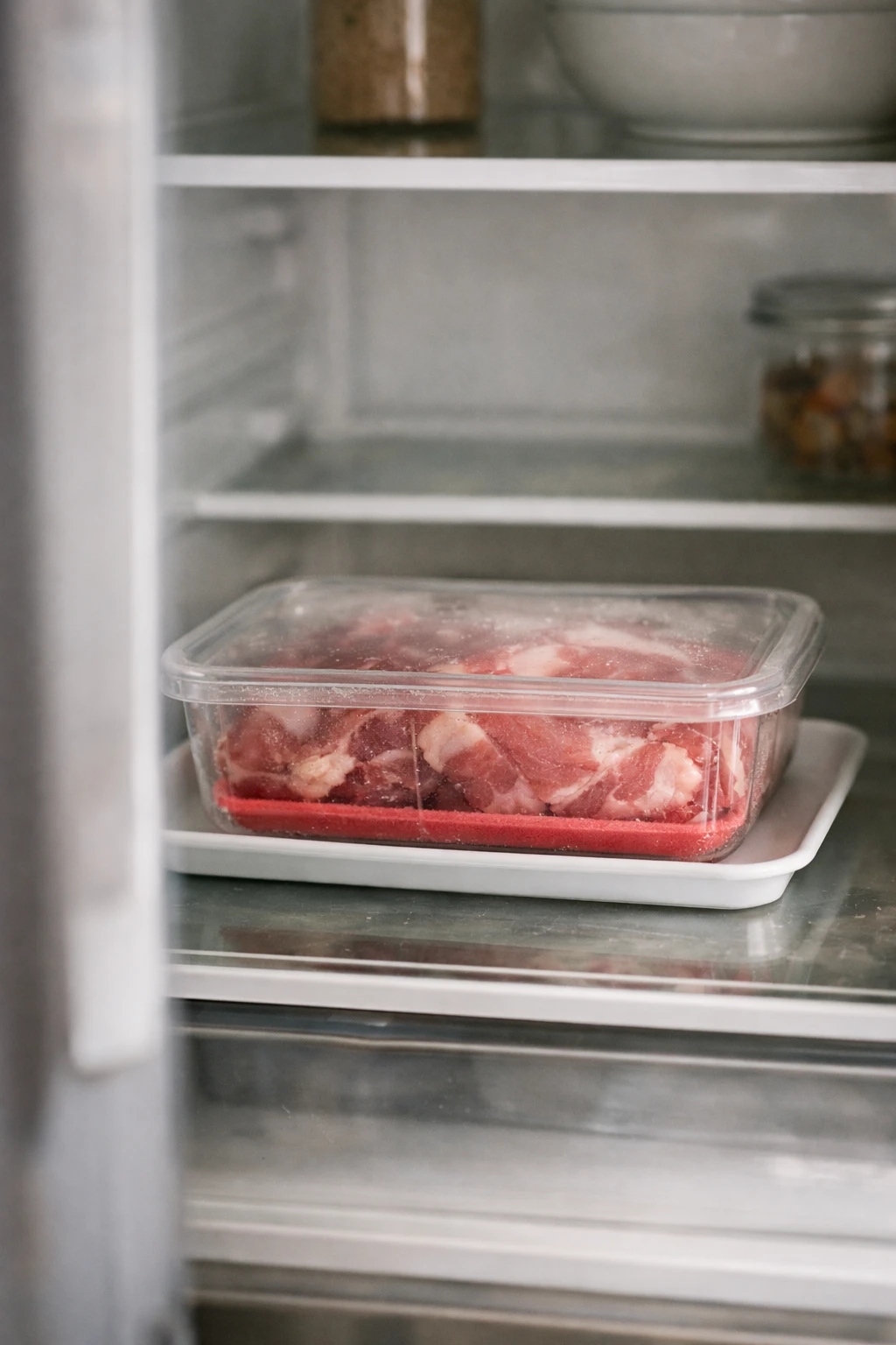 Bottom refrigerator shelf with sealed raw meat tray inside container