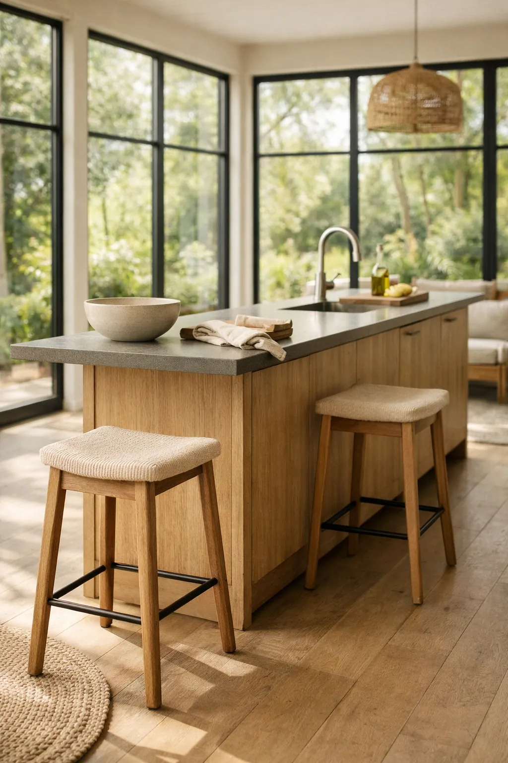 A sunlit kitchen with a slim island, open layout, warm neutrals, and large windows looking onto greenery.