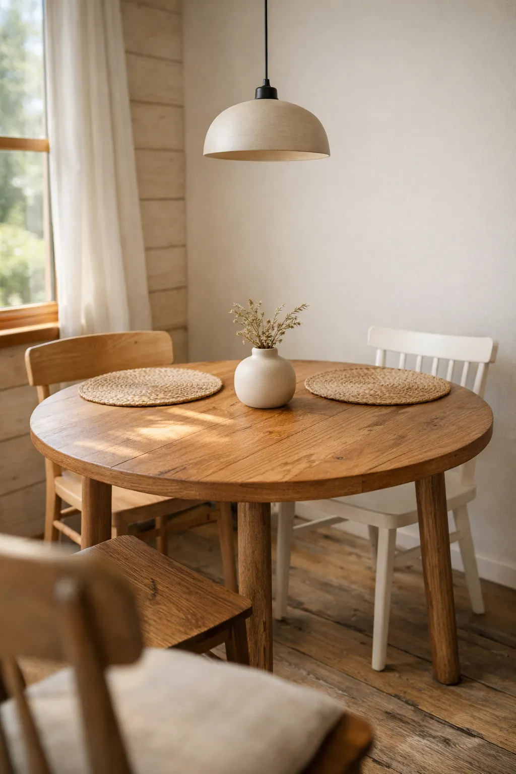 Small cabin dining area with a slim round wooden table