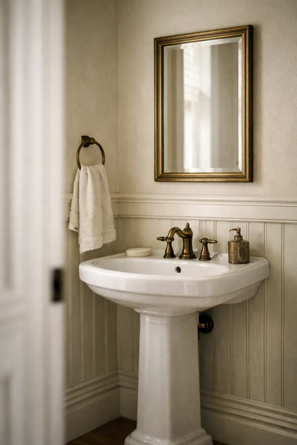 A compact powder room with classic wall trim, soft paint, and a timeless mirror.