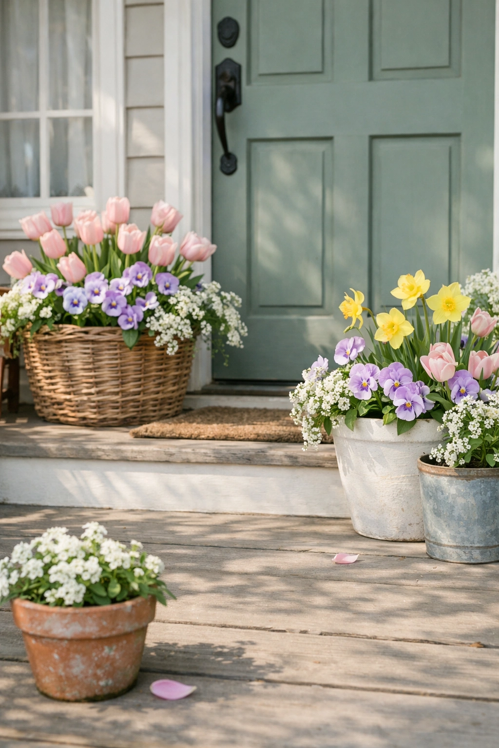 Soft pastel spring flowers brighten a front porch with a fresh welcoming feel.