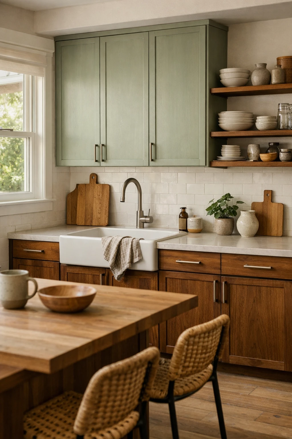 Mid century kitchen with wood lower cabinets and sage green upper cabinets
