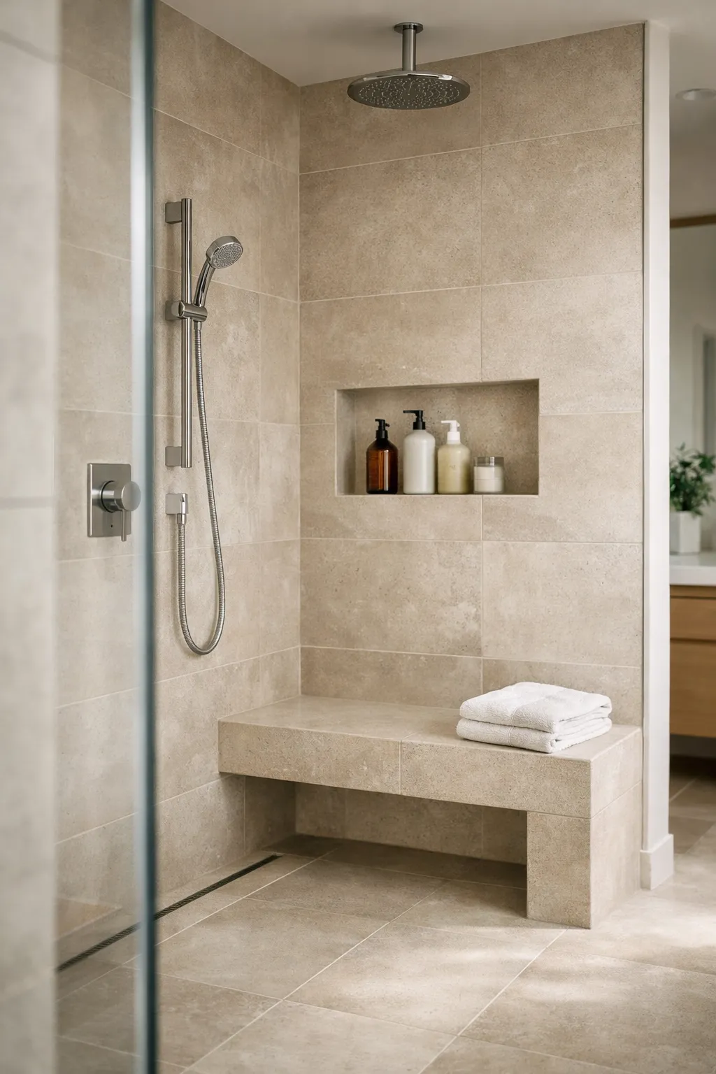 A modern bathroom with a walk-in shower, built-in bench, and neutral tile.