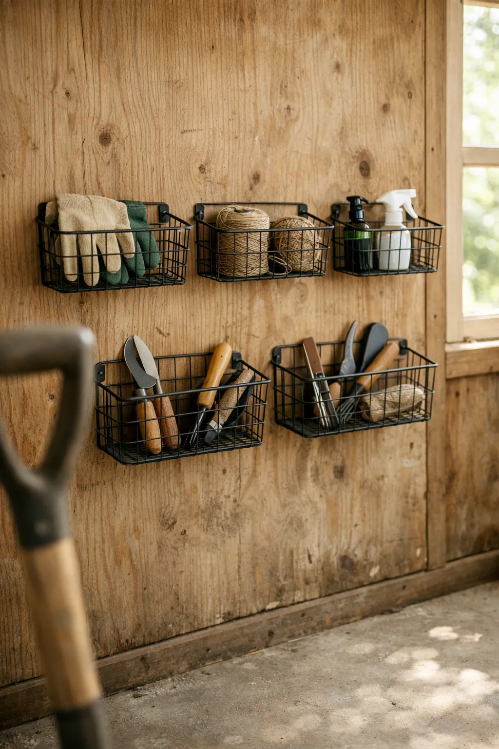 Wire baskets mounted on shed wall holding gardening supplies.