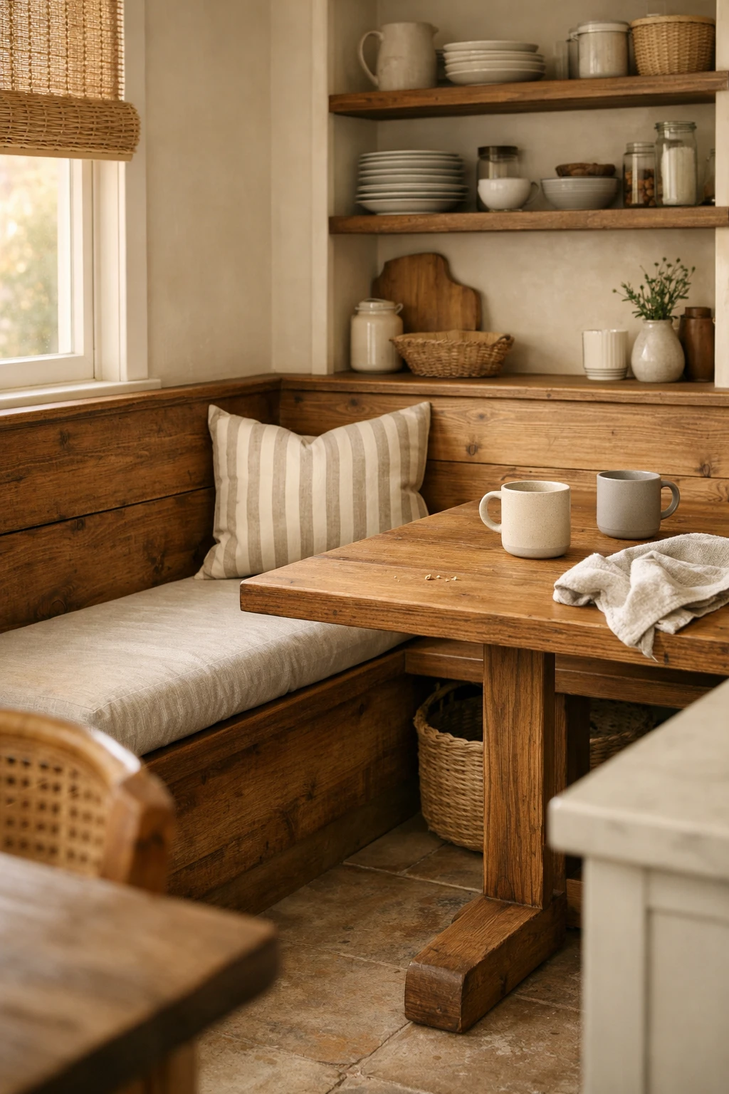 A warm wood kitchen banquette in farmhouse style with soft cushions and natural textures.