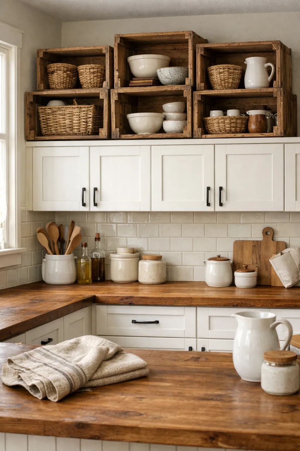 Rustic wooden crates used as decor above kitchen cabinets.
