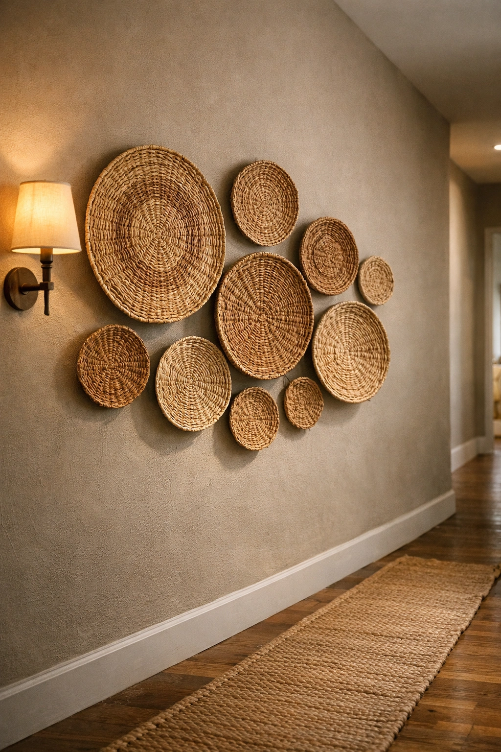 Cluster of woven wall baskets arranged organically in a bohemian hallway.