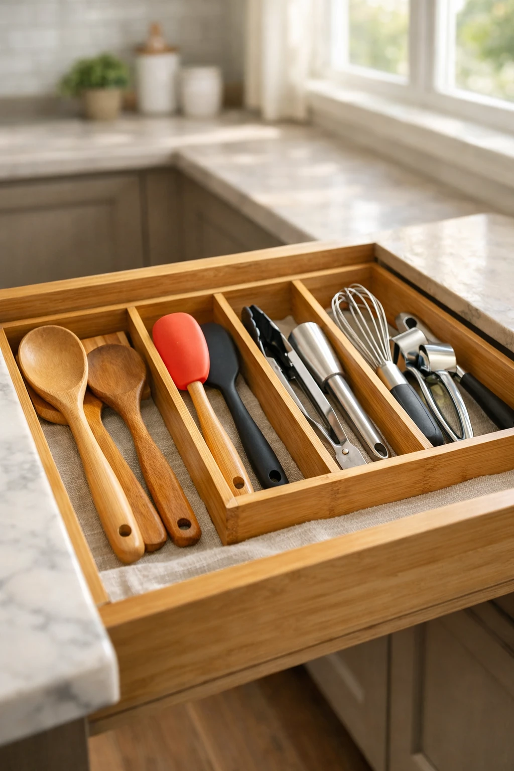 A neatly organized kitchen drawer with bamboo utensil compartments holding wooden spoons and spatulas.