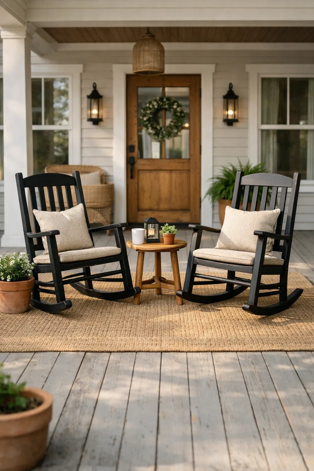 A double wide front porch with two rocking chairs, a small table, and a rug arranged in a centered seating area.
